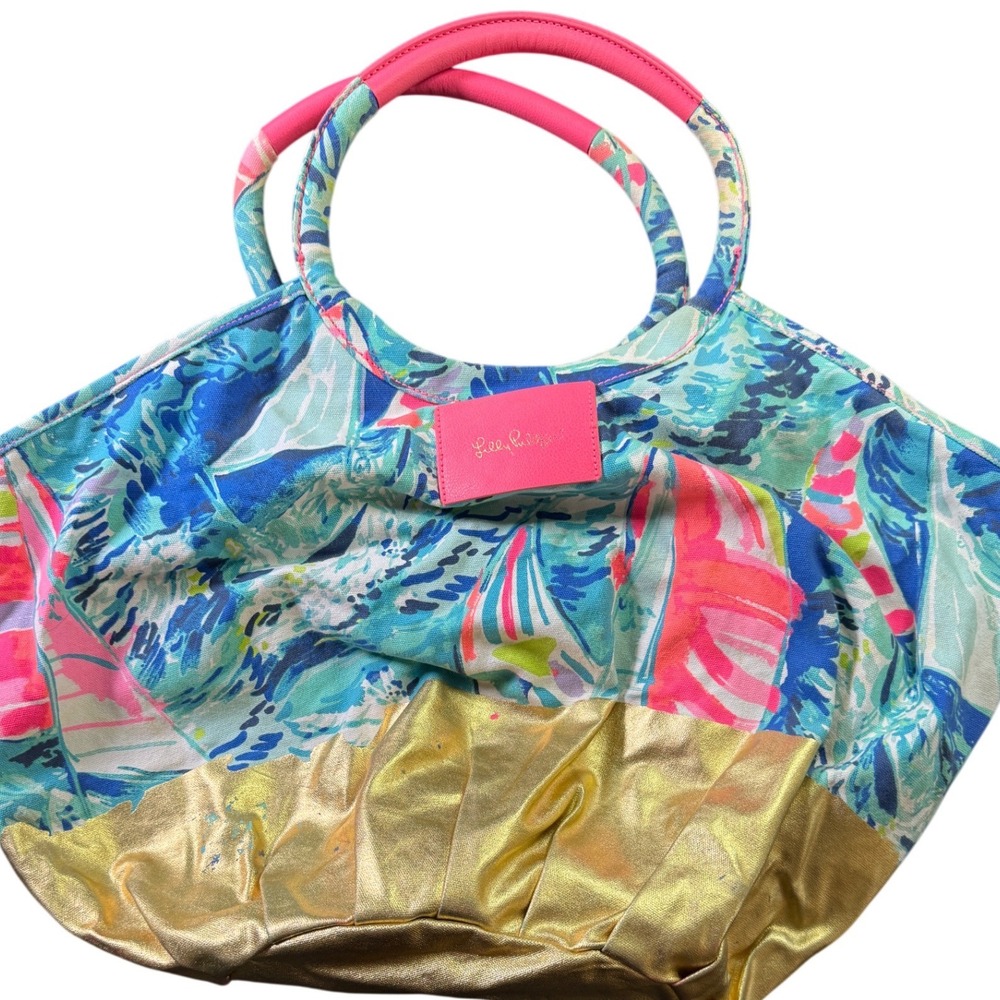Lilly‎ Pulitzer Sailboat Print Tote Bag Blue Pink Gold Style 25804